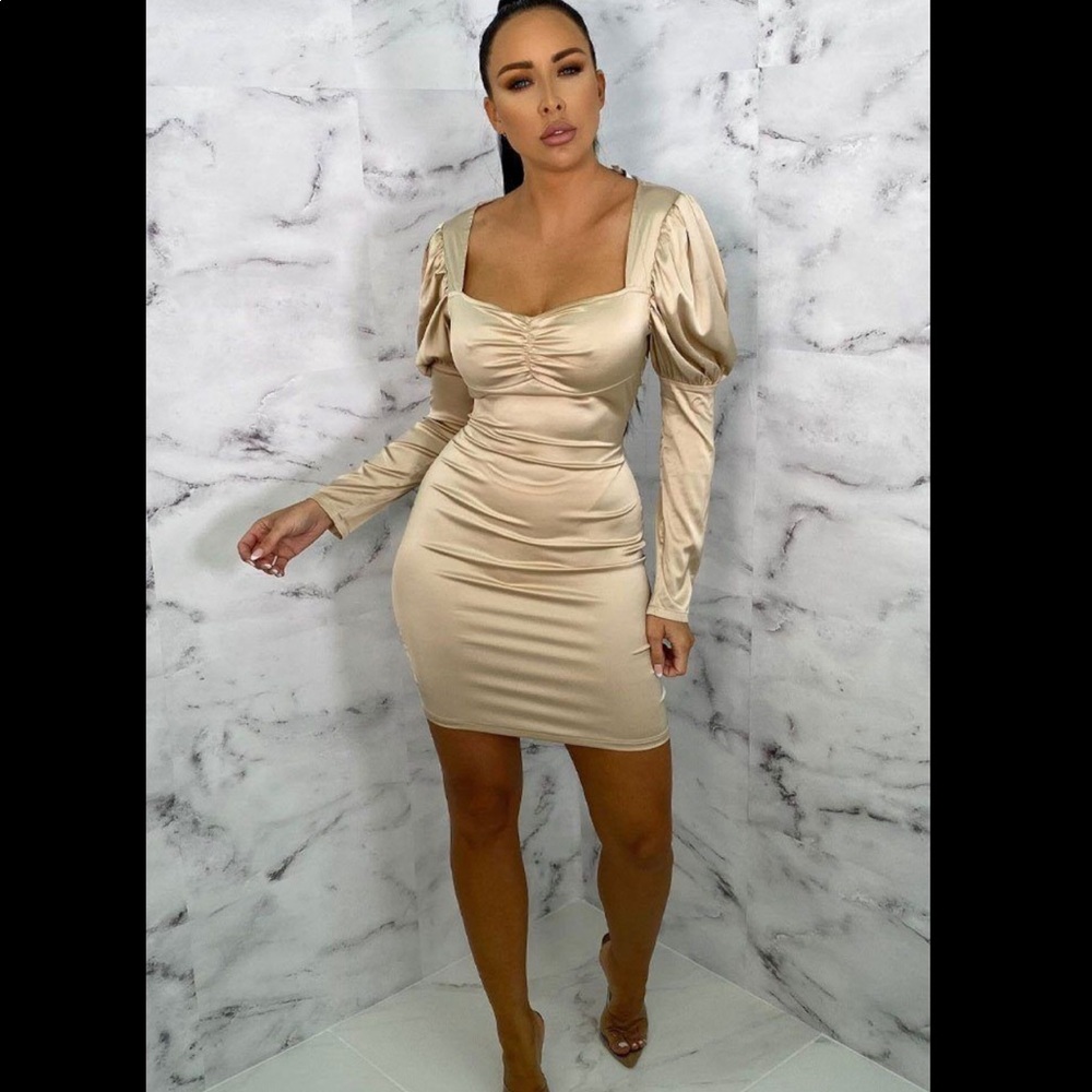 Femme Luxe Winona Camel Satin Puff Sleeve mini dress